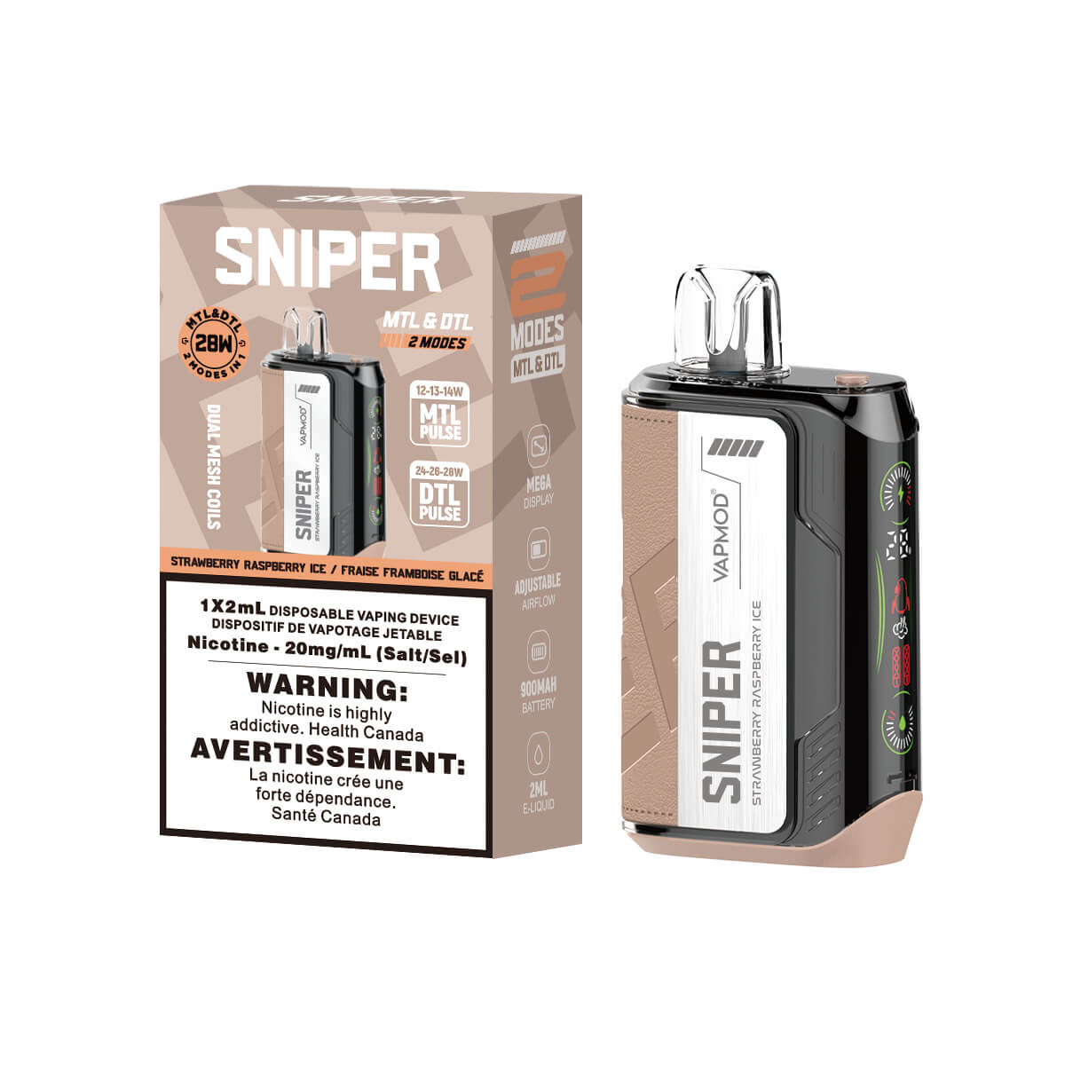 Sniper Strawberry Raspberry Ice Disposable 2ml 20mg By Vapmod up close, showcasing sleek design and vibrant berry flavors.