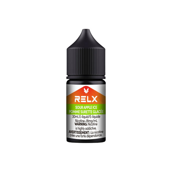 Sour Apple Ice RELX Nic Salt E-Liquid 20mg 30mL bottle, showcasing tangy green apple flavor with an icy twist.