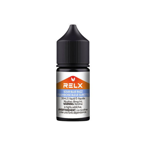 Sour Blue Razz RELX Nic Salt E-Liquid 20mg 30mL bottle, showcasing bold blue raspberry flavor with a tangy twist.