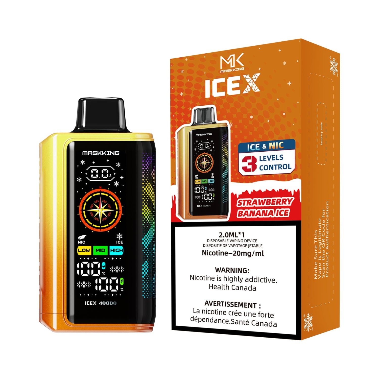 Maskking IceX Strawberry Banana Disposable Vape device and packaging with 'MK IceX' branding on a white background