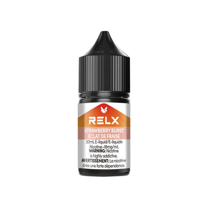 Strawberry Burst RELX Nic Salt E-Liquid 20mg 30mL bottle, showcasing sweet, juicy strawberry flavor.