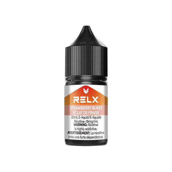 Strawberry Burst RELX Nic Salt E-Liquid 20mg 30mL bottle, showcasing sweet, juicy strawberry flavor.