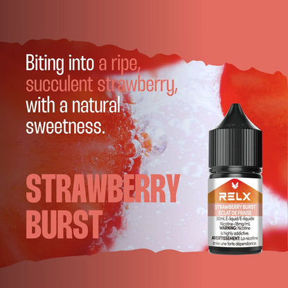 Strawberry Burst RELX Nic Salt E-Liquid 20mg 30mL displayed with vibrant strawberry visuals, emphasizing its sweet, fruity flavor.