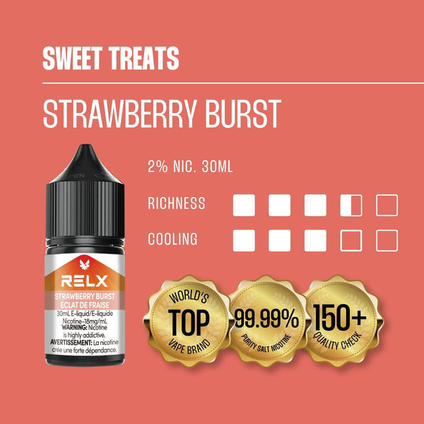 Strawberry Burst RELX Nic Salt E-Liquid with fresh strawberries, highlighting its bold, juicy taste.