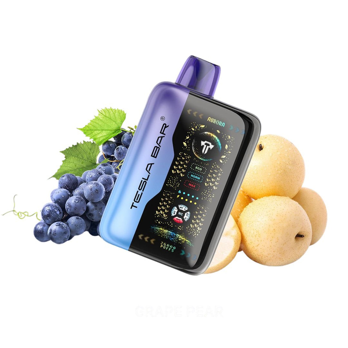 Tesla Bar XT-26000 Grape Pear Disposable Hybrid Vape Device On A White Background