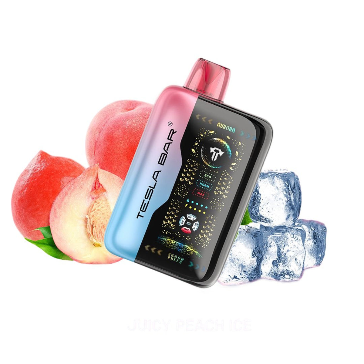 Tesla Bar XT-26000 Juicy Peach Ice Dispsoable Hybrid Vape Device ON A White Background