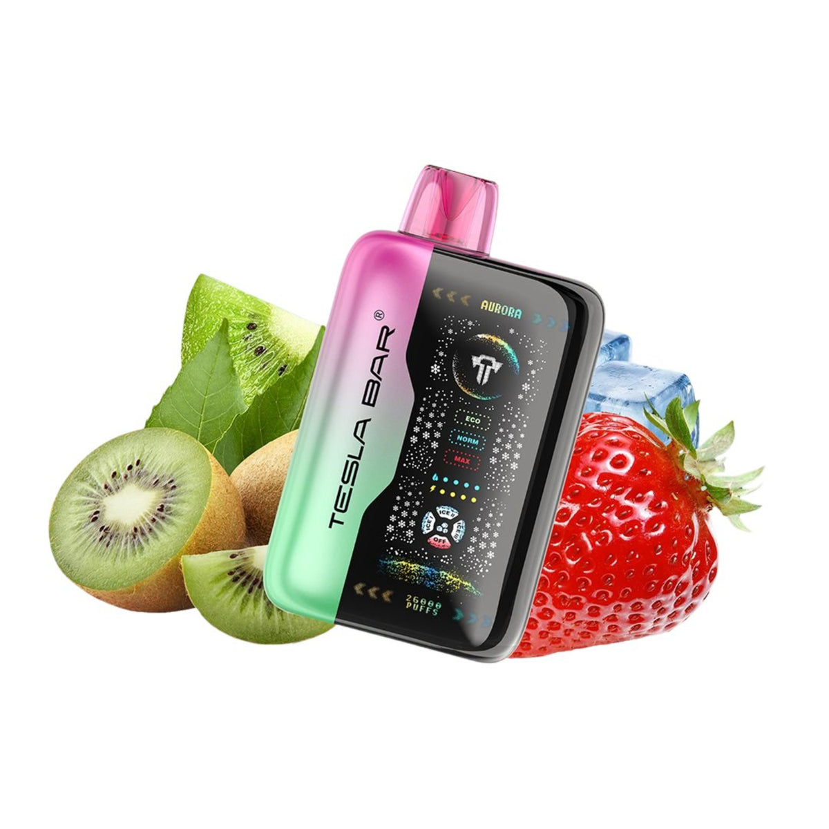 Tesla Bar XT-26000 Strawberry Kiwi Disposable Hybrid Vape Device On A White Background