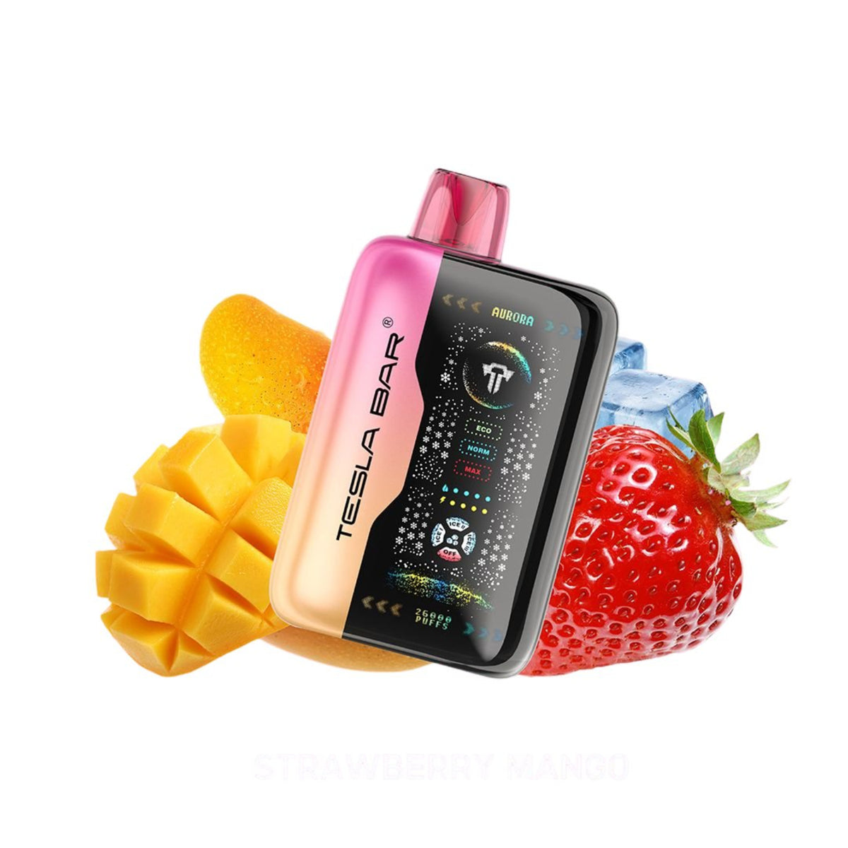 Tesla Bar XT-2600 Strawberry Mango Disposable Hybrid Vape Device On A White Background