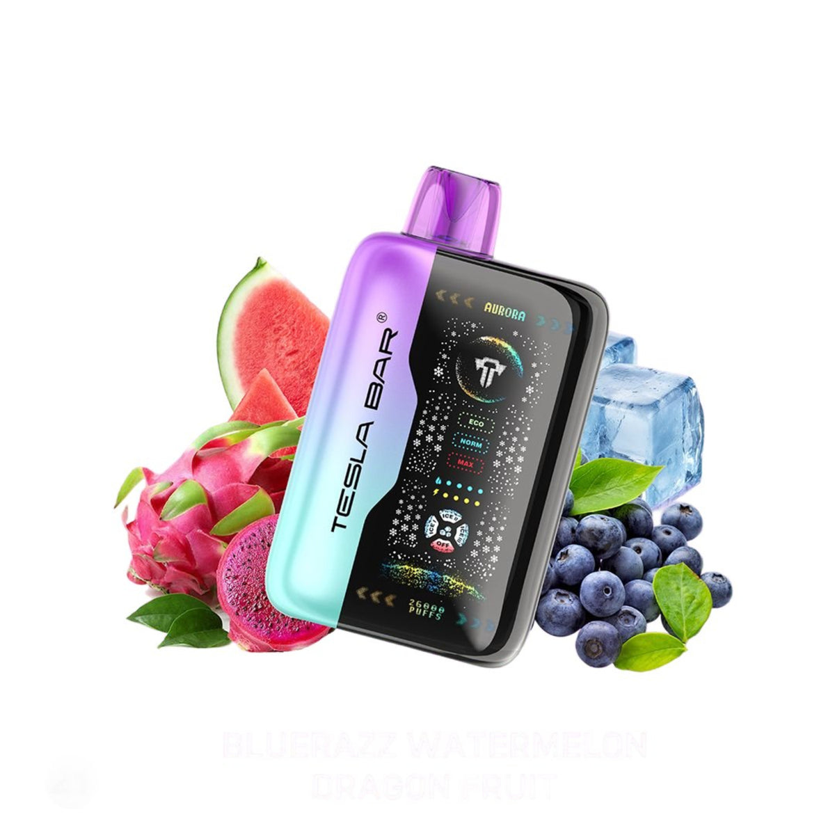 Tesla Bar XT-2600 Blue Razz Watermelon Dragon Fruit Disposable Vape Device on A White Background