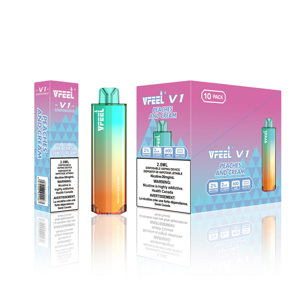 VFEEL V1 Peaches and Cream placed with fresh peaches and cream elements, highlighting its sweet and creamy essence.