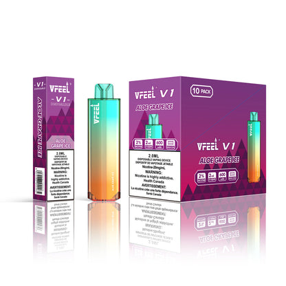 VFEEL V1 Aloe Grape Ice placed with fresh grapes and aloe leaves, emphasizing its sweet and refreshing essence.