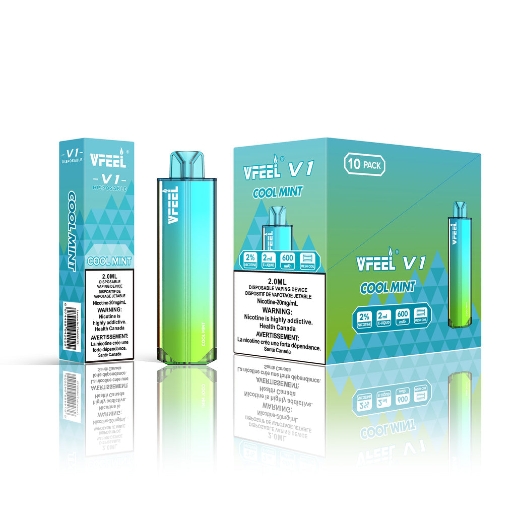 VFEEL V1 Cool Mint placed with fresh mint leaves and icy elements, emphasizing its clean and refreshing essence.