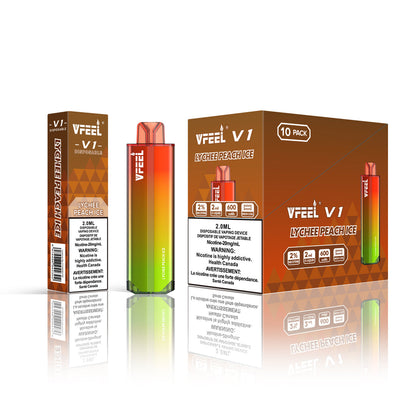 VFEEL V1 Lychee Peach Ice placed with fresh lychee and peach slices, highlighting its sweet and refreshing essence.