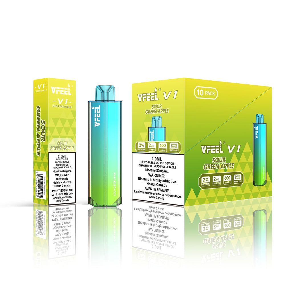 VFEEL V1 Sour Green Apple placed with fresh green apples and icy accents, highlighting its tart and crisp essence.