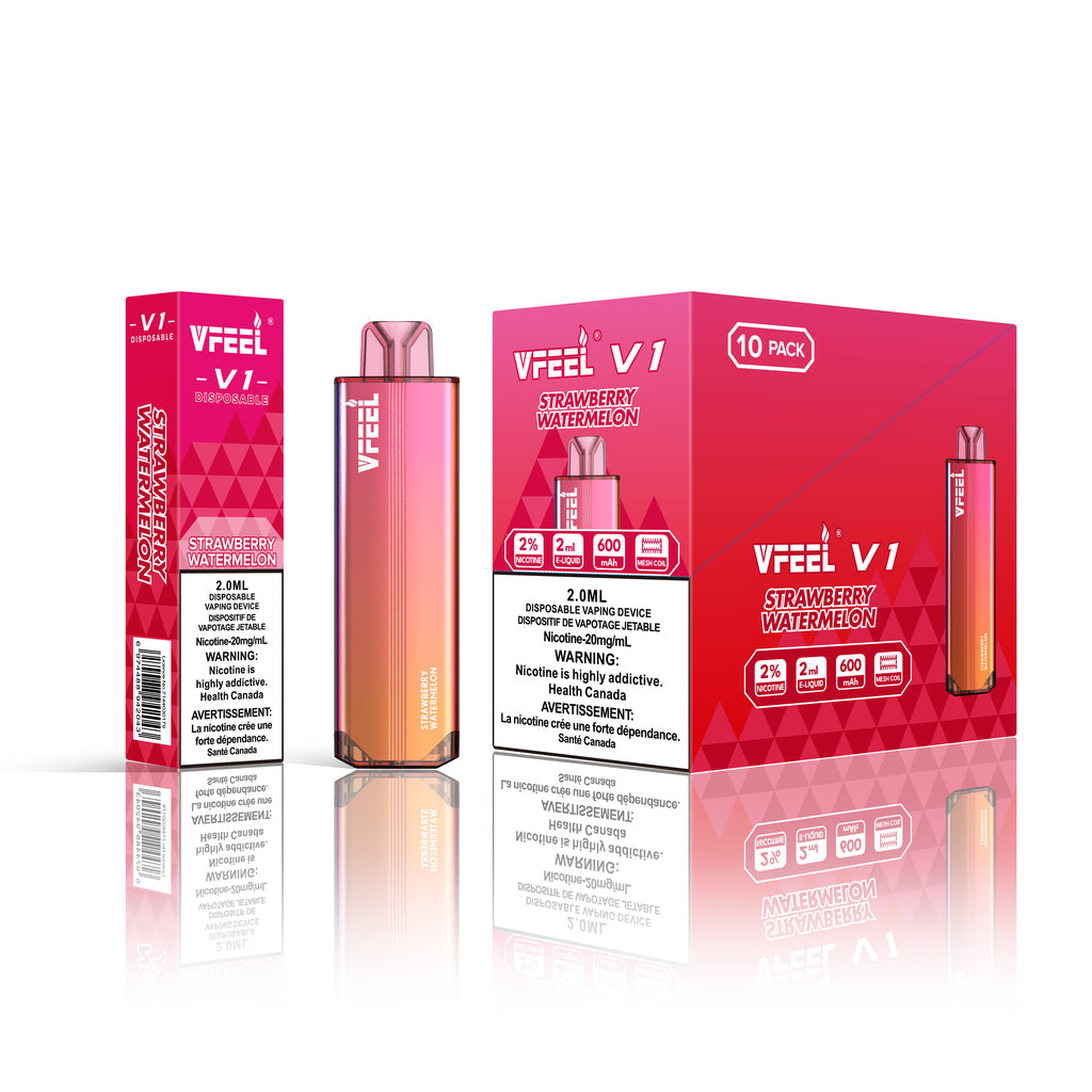 VFEEL V1 Strawberry Watermelon placed with fresh strawberries and watermelon slices, emphasizing its fruity and refreshing essence.