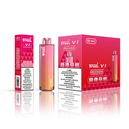 VFEEL V1 Strawberry Watermelon placed with fresh strawberries and watermelon slices, emphasizing its fruity and refreshing essence.