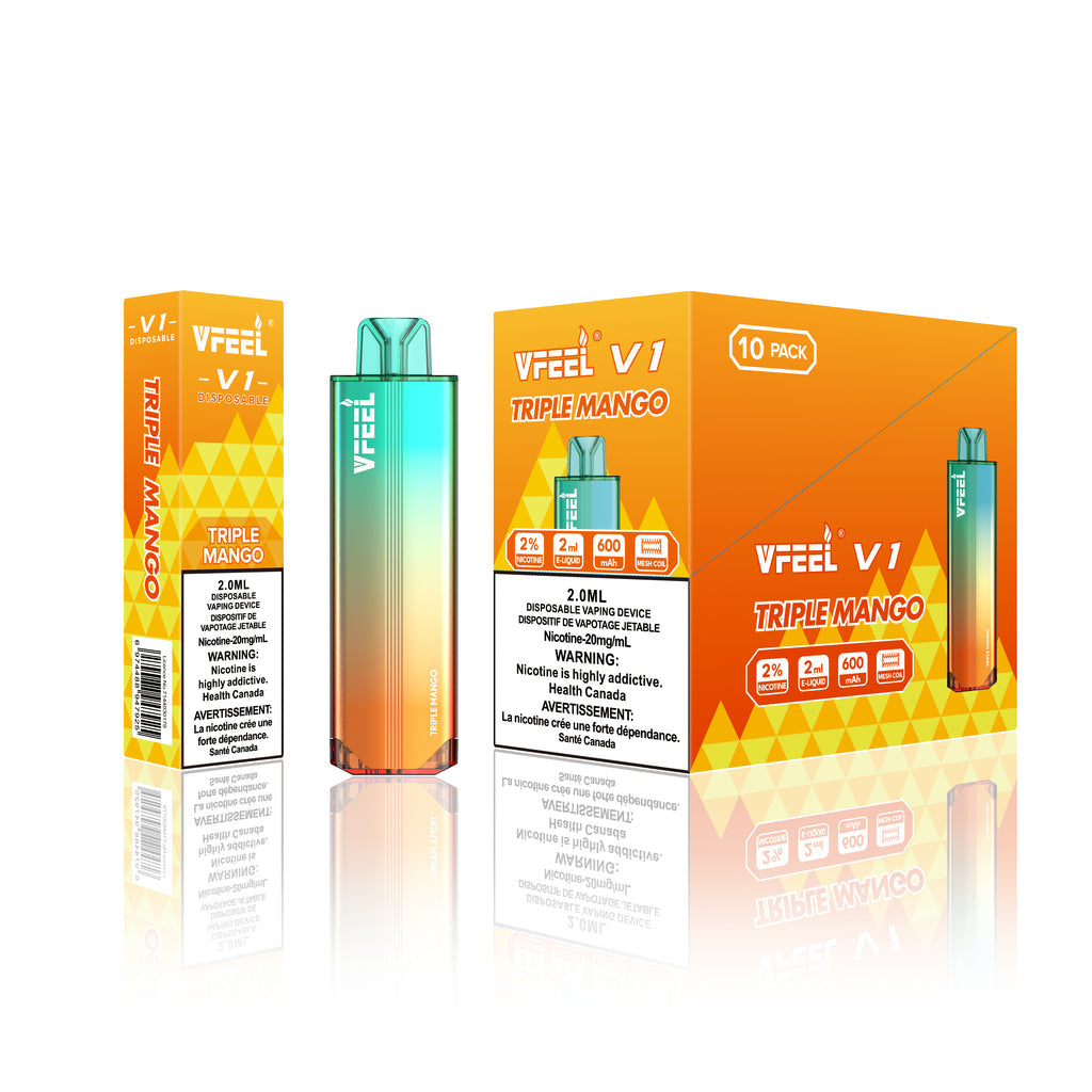 VFEEL V1 Triple Mango placed with fresh mango slices, emphasizing its rich and exotic essence.