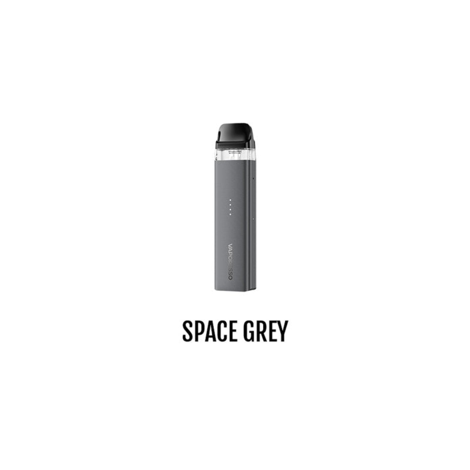 Vaporesso Xros SE.A slim rectangular vape device in space grey with a black mouthpiece, shown centered on a white background with the text 'SPACE GREY' underneath.