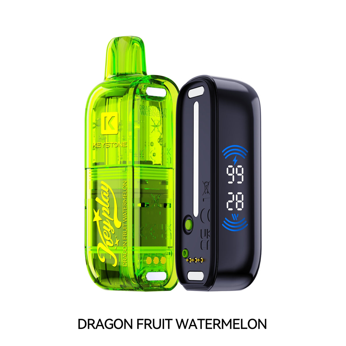 Vfeel KeyPlay Disposable transparent neon green vape device stands next to a black rectangular battery pack with a digital display, on a white background. The text 'DRAGON FRUIT WATERMELON' is printed below.