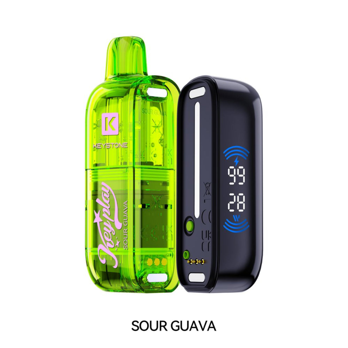 A Vfeel Keyplay by Keystone  Sour Guava disposable vape device in translucent neon green next to its black rectangular battery pack, shown on a white background with 'SOUR GUAVA' text below.