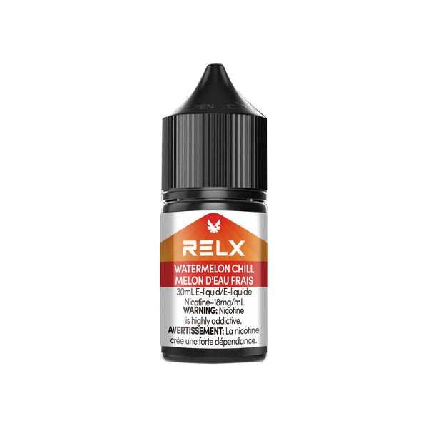 Watermelon Chill RELX Nic Salt E-Liquid 20mg 30mL bottle, showcasing juicy watermelon with a refreshing icy twist.