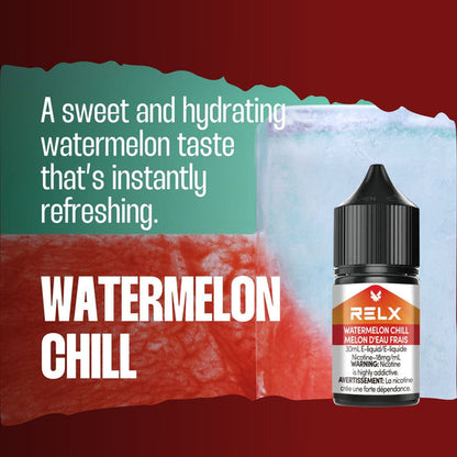 Watermelon Chill RELX Nic Salt E-Liquid with fresh watermelon slices and ice cubes, highlighting its cool, fruity flavor.