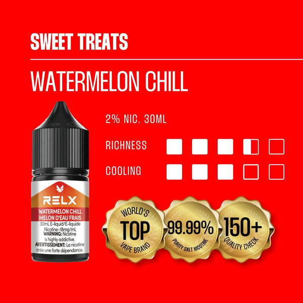 Watermelon Chill RELX Nic Salt E-Liquid 20mg 30mL displayed with vibrant watermelon visuals and frosty elements, emphasizing its refreshing taste.