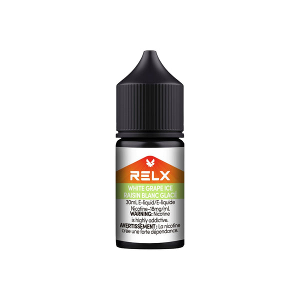 White Grape Ice RELX Nic Salt E-Liquid 20mg 30mL bottle, showcasing juicy white grape flavor with an icy finish.