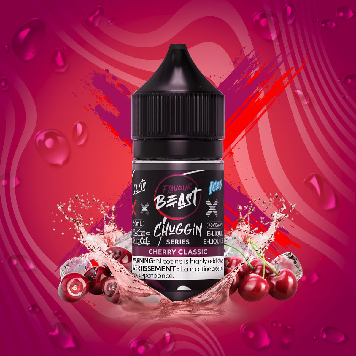 Flavour Beast Chuggin Cherry Classic 3mg 30mL displayed against a soda-themed background, emphasizing its nostalgic and refreshing profile.