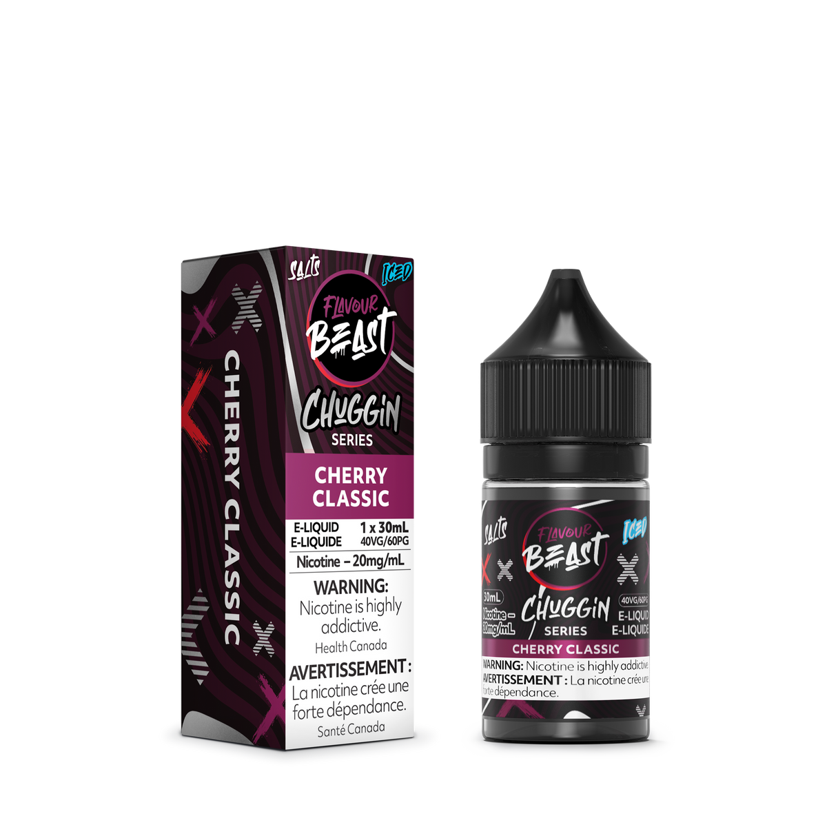 Flavour Beast Chuggin Cherry Classic placed with fresh cherries and cola bottles, highlighting its rich and fizzy soda taste.