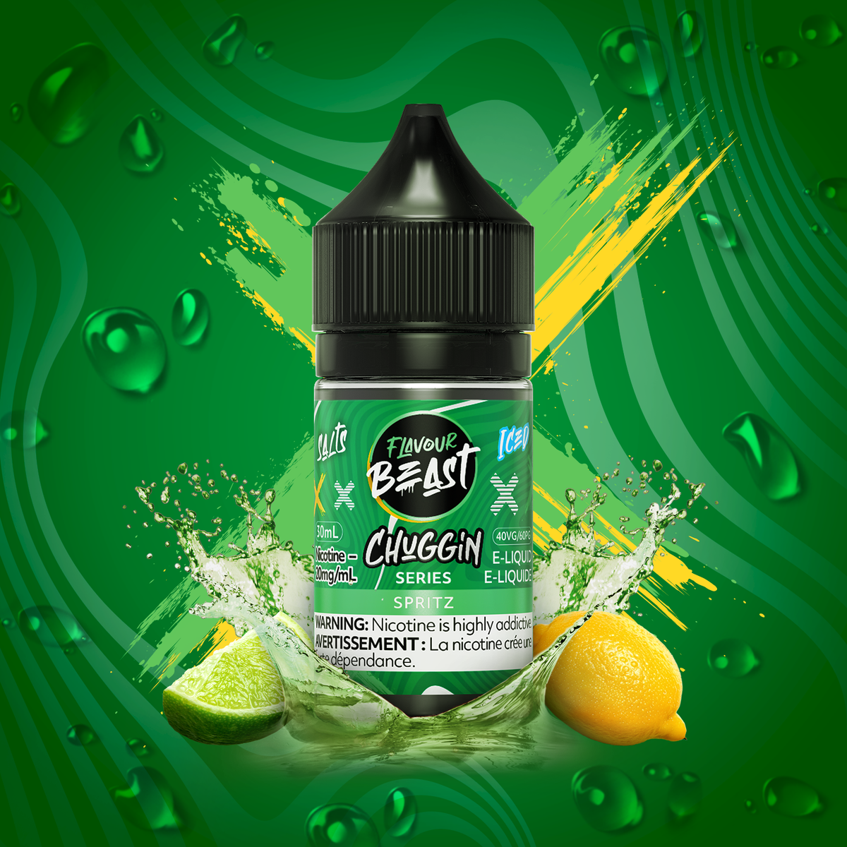 Flavour Beast Chuggin Spritz 3mg 30mL displayed against a citrus-themed background, emphasizing its refreshing and uplifting profile.