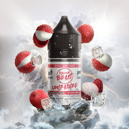 Flavour Beast Unleashed Epic Lychee 3mg 30mL displayed against a tropical, floral background, emphasizing its refreshing, fruity profile.