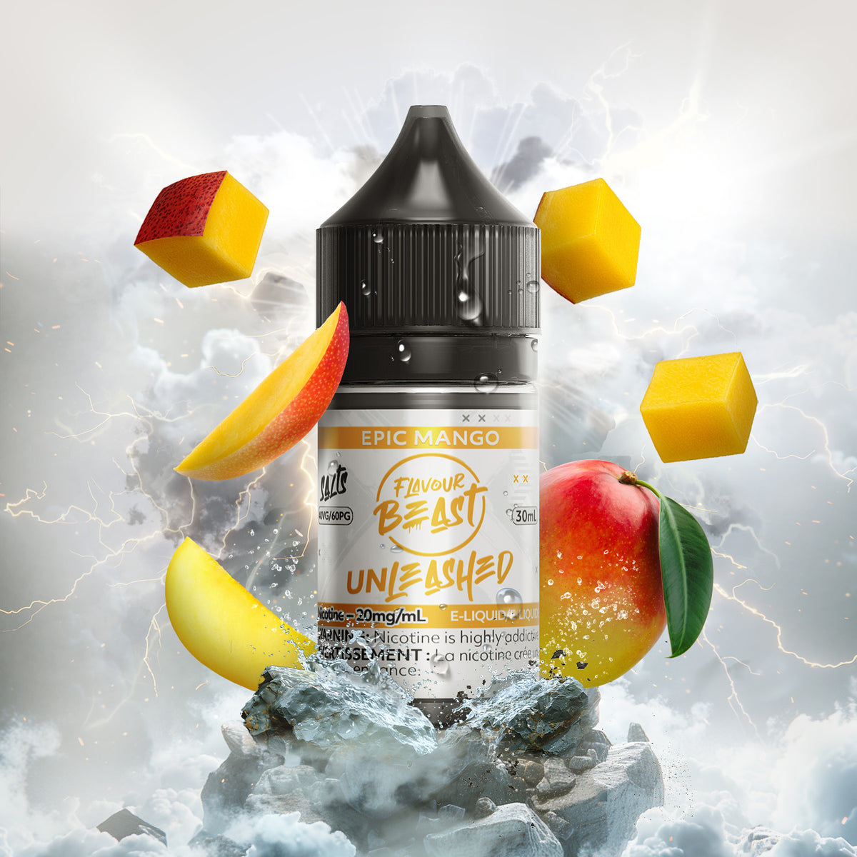 Flavour Beast Unleashed Epic Mango 3mg 30mL displayed against a tropical background, emphasizing its lush, fruity, and refreshing profile.