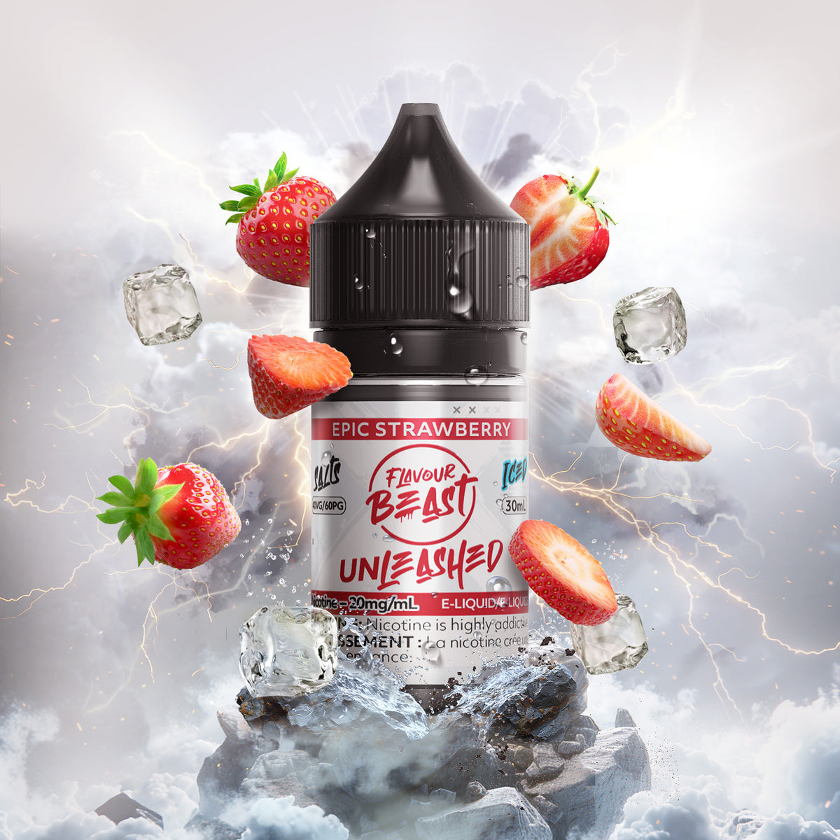 Flavour Beast Unleashed Epic Strawberry 3mg 30mL displayed against a bright, summery background, emphasizing its bold and juicy profile.