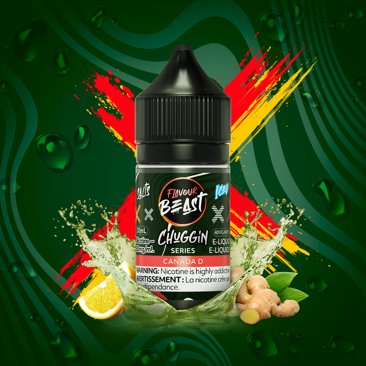 Flavour Beast Chuggin Canada D 3mg 30mL displayed against a soda-themed background, emphasizing its refreshing and smooth profile.