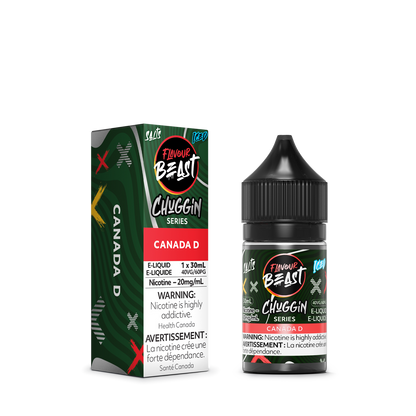 Flavour Beast Chuggin Canada D placed with fresh ginger root and ice cubes, highlighting its bold and fizzy soda taste.