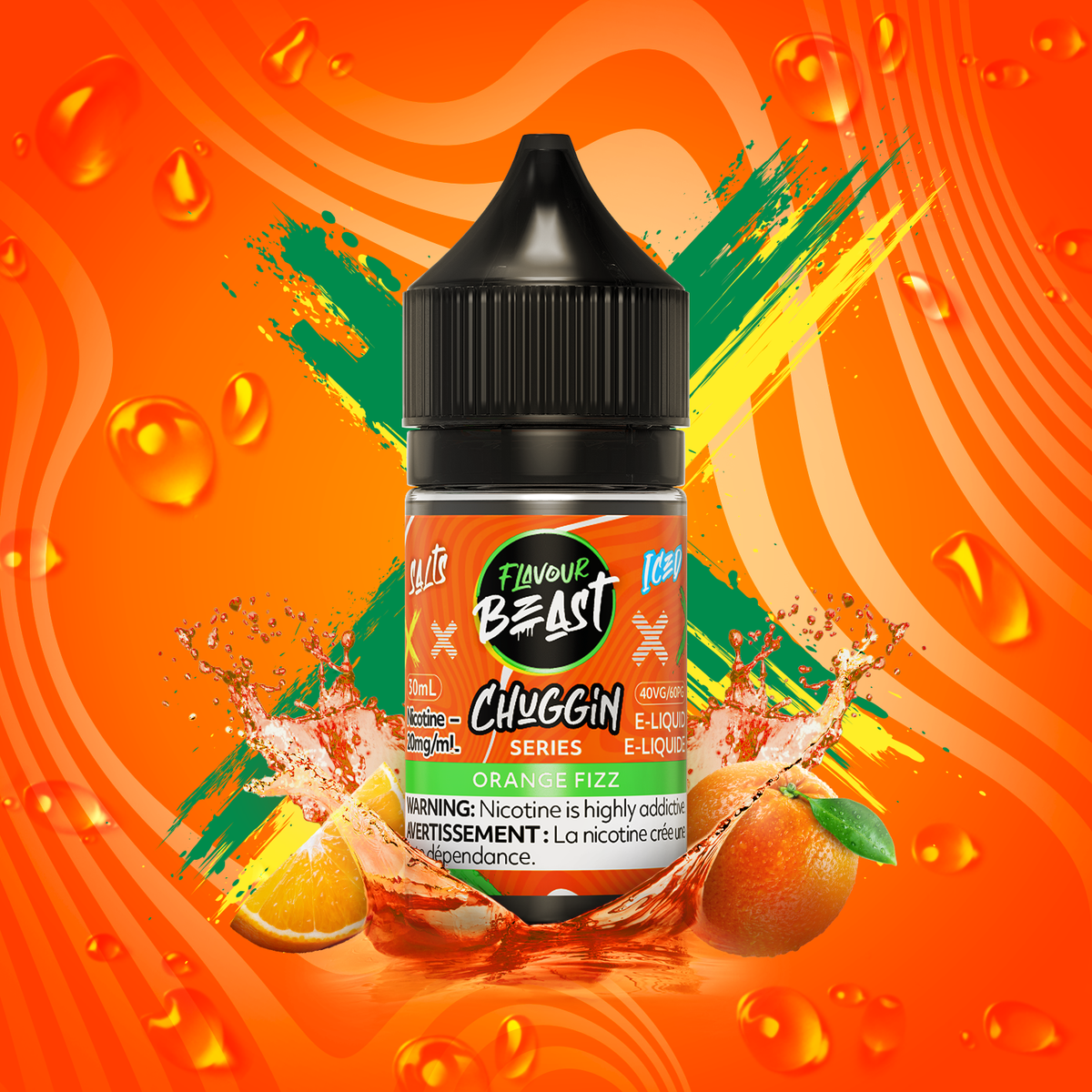 Flavour Beast Chuggin Orange Fizz 3mg 30mL displayed against a citrus-themed background, emphasizing its refreshing and vibrant profile.