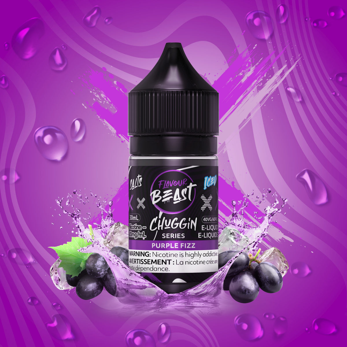 Flavour Beast Chuggin Purple Fizz 3mg 30mL displayed against a grape soda-themed background, emphasizing its vibrant and refreshing profile.