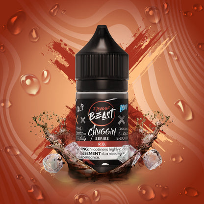 Flavour Beast Chuggin R.B. 3mg 30mL displayed against a classic soda shop backdrop, emphasizing its creamy and fizzy profile.