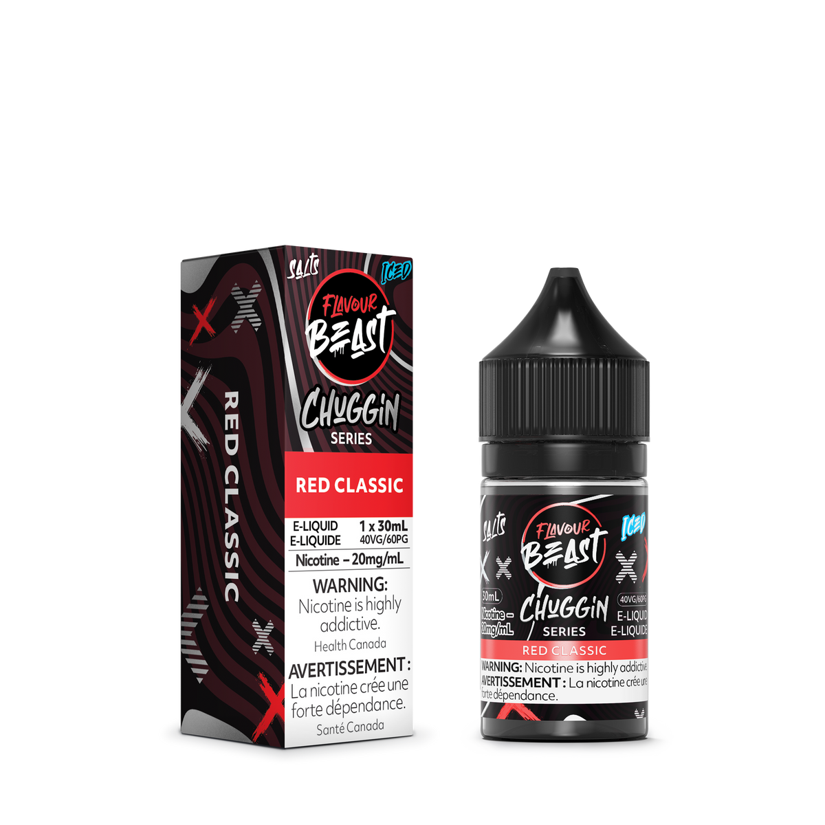 Flavour Beast Chuggin Red Classic placed with cola bottles and ice, highlighting its rich and refreshing soda taste.