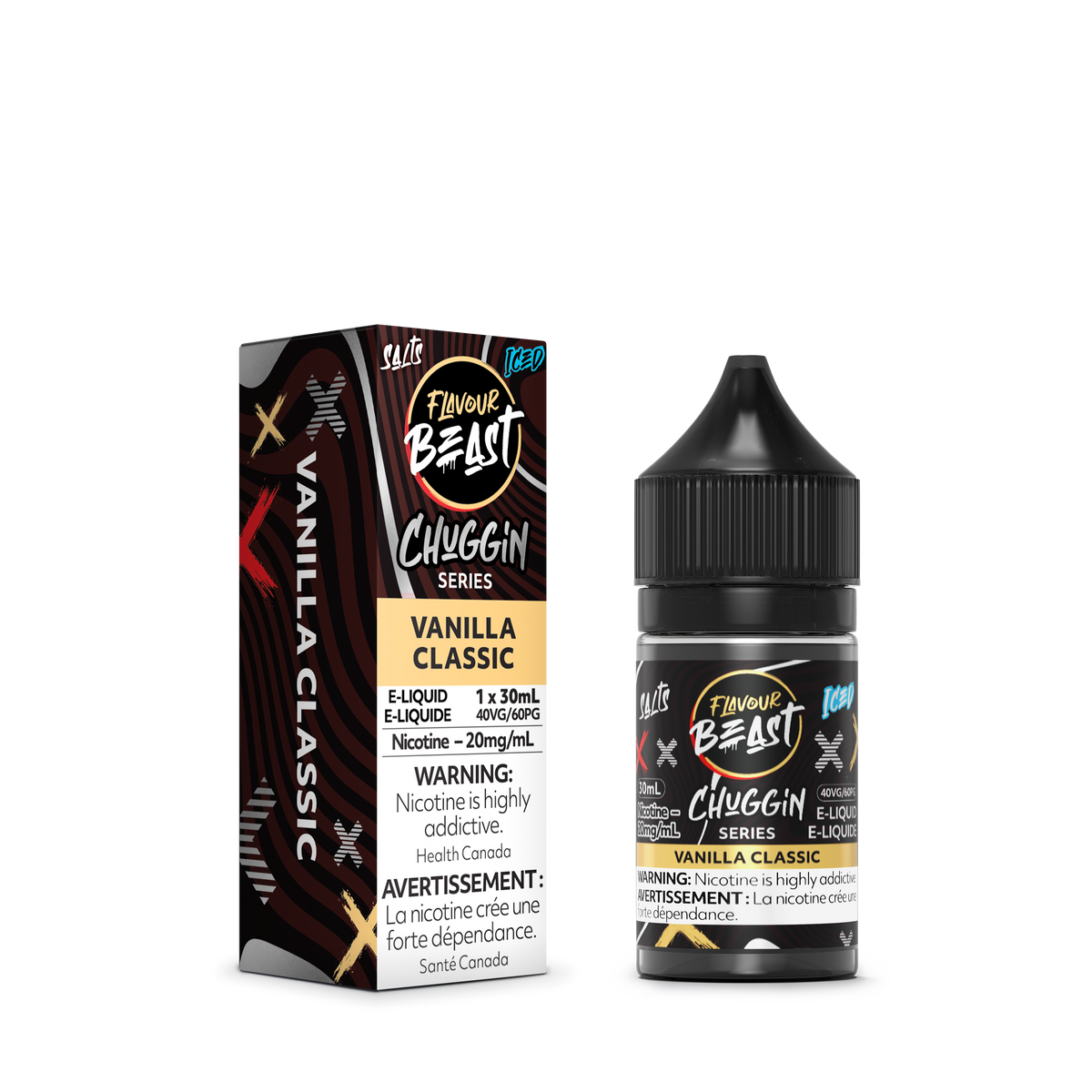 Flavour Beast Chuggin Vanilla Classic placed with vanilla beans and caramel, highlighting its creamy and comforting taste.