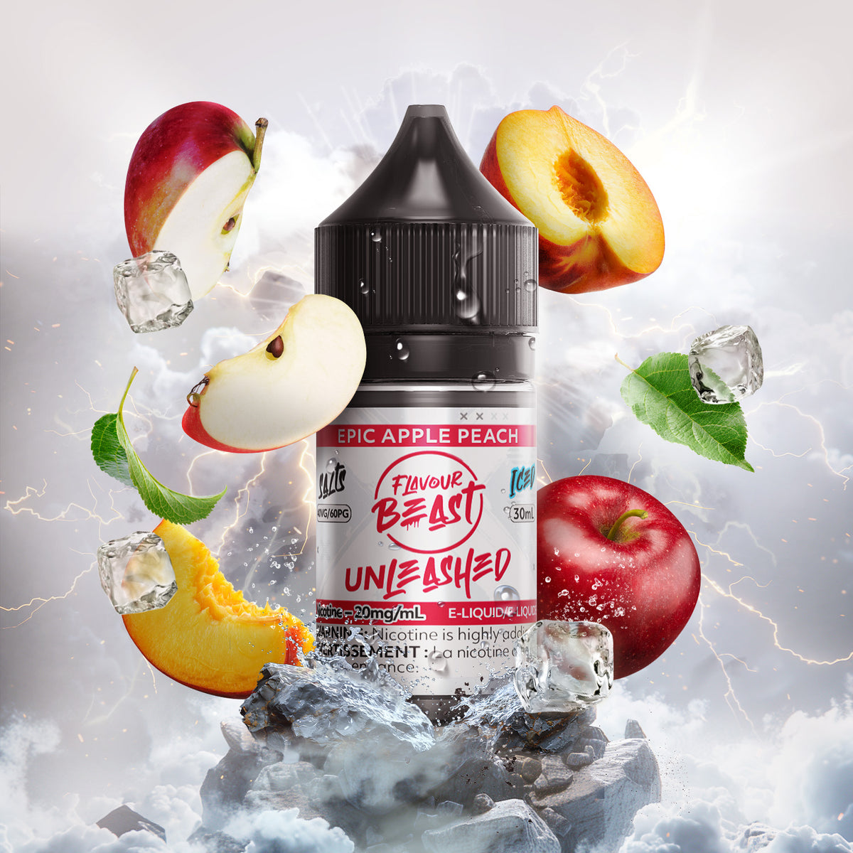 Flavour Beast Unleashed Epic Apple Peach 3mg 30mL displayed against a vibrant, fruity background, emphasizing its crisp, tangy, and refreshing profile.