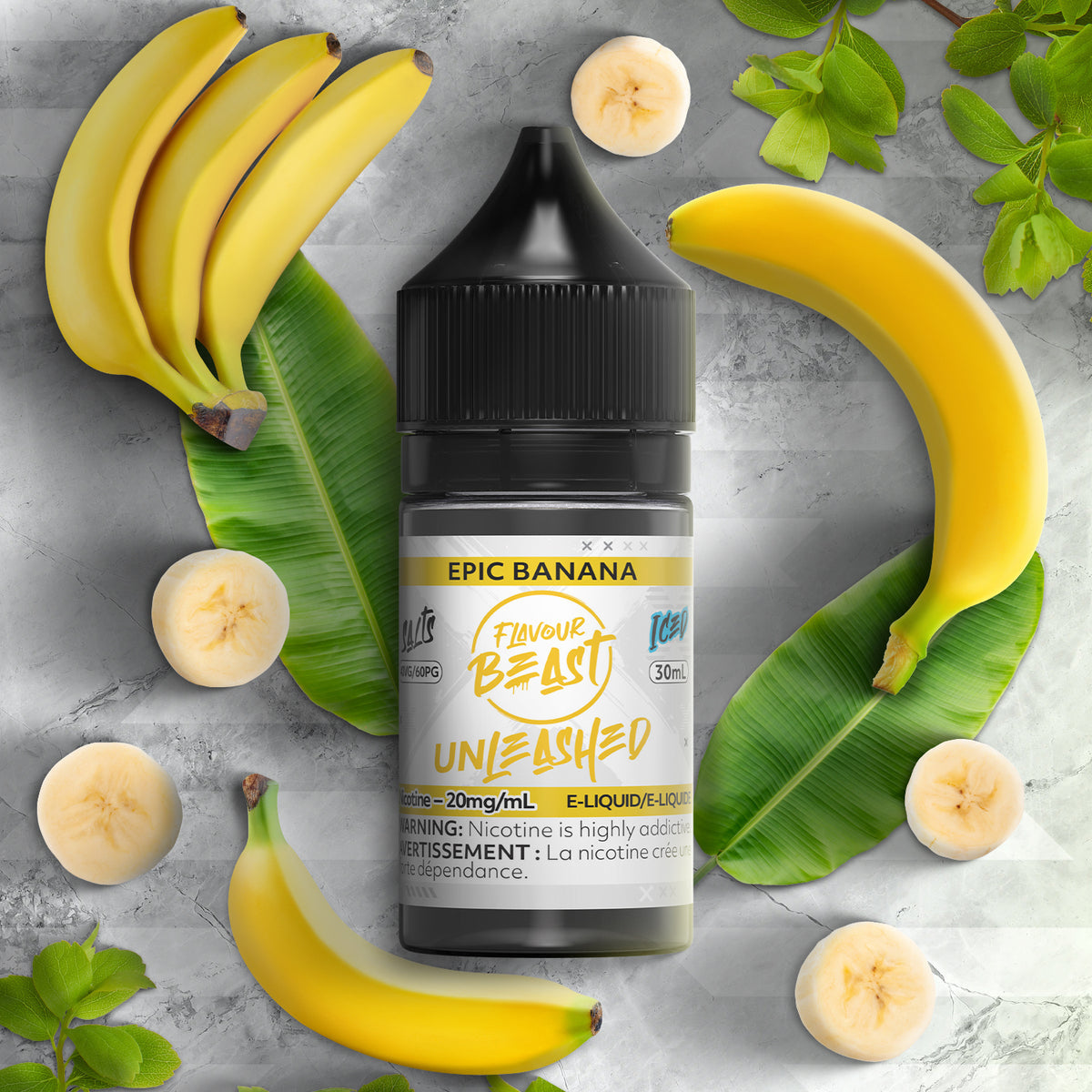 Flavour Beast Unleashed Epic Banana 3mg 30mL displayed against a tropical banana-themed background, emphasizing its rich, fruity profile.