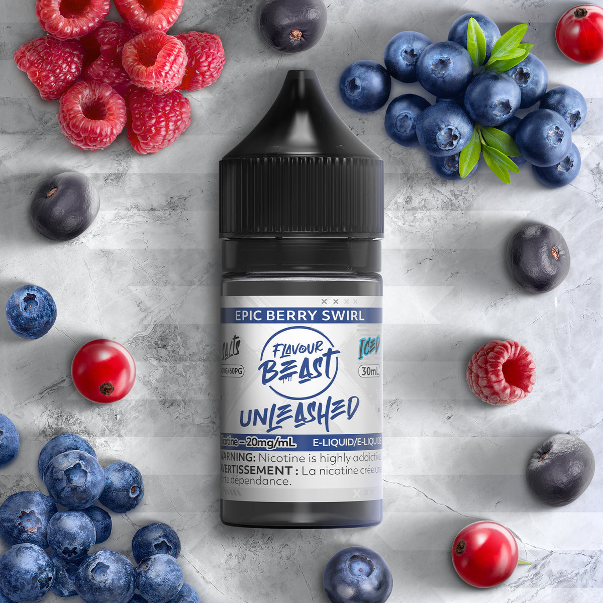 Flavour Beast Unleashed Epic Berry Swirl 3mg 30mL displayed against a colorful berry-themed background, emphasizing its bold and juicy berry profile.