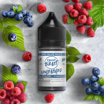 Flavour Beast Unleashed Epic Blue Razz 3mg 30mL displayed against a bright, berry-themed background, emphasizing its bold and refreshing profile.