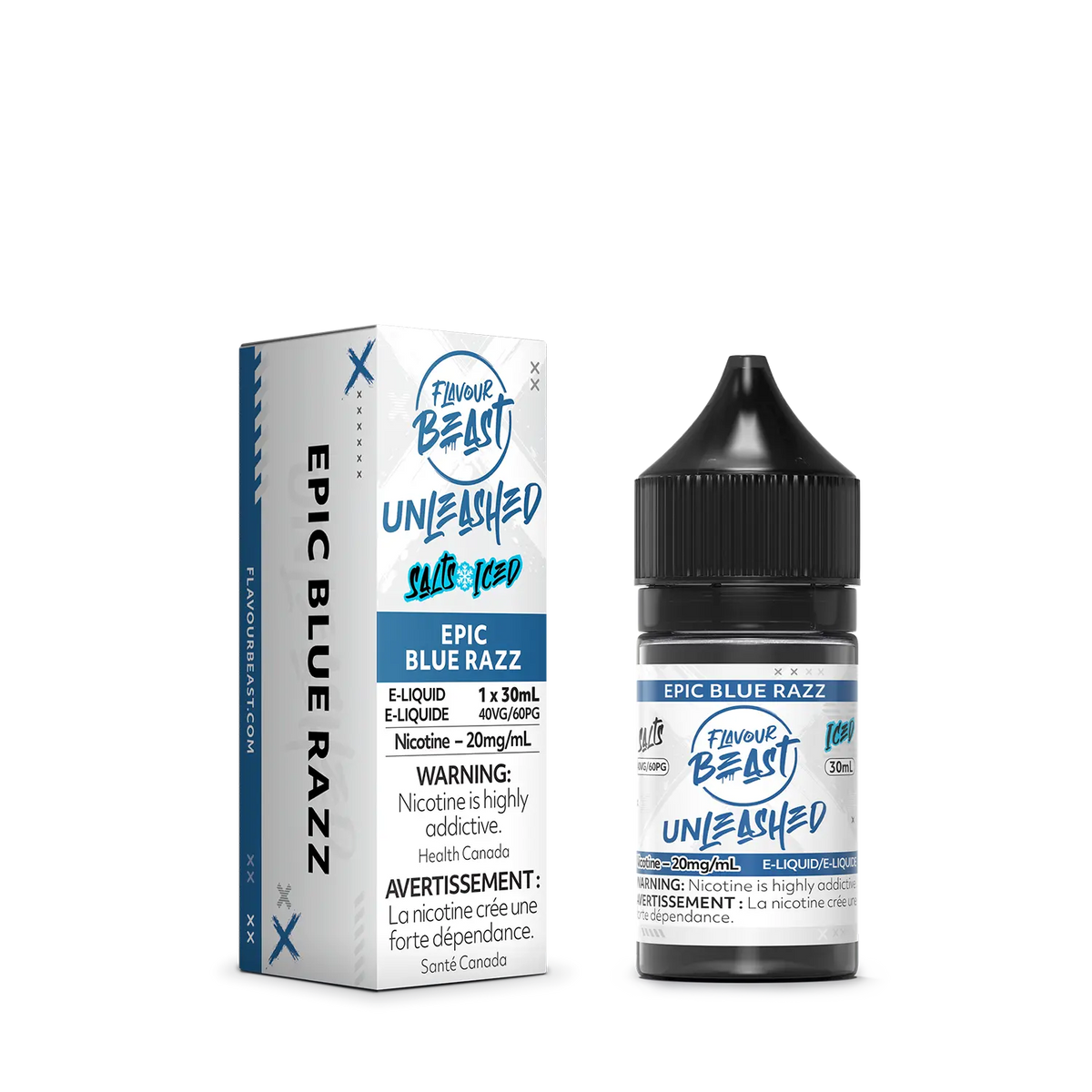 Flavour Beast Unleashed Epic Blue Razz with fresh blue raspberries, highlighting its vibrant, sweet, and sour berry taste.