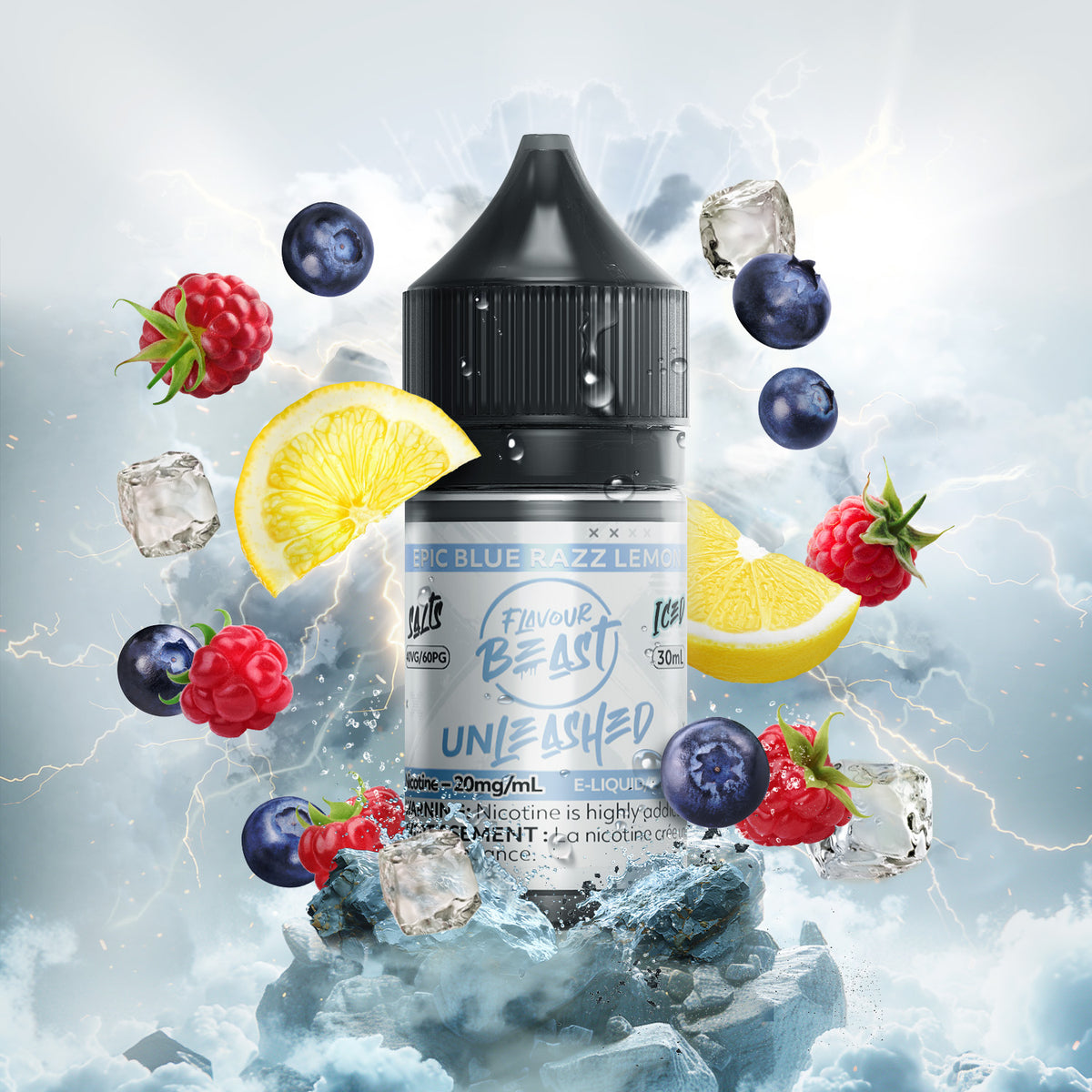 Flavour Beast Unleashed Epic Blue Razz Lemon 3mg 30mL displayed against a vibrant, fruity background, emphasizing its tangy and refreshing profile.