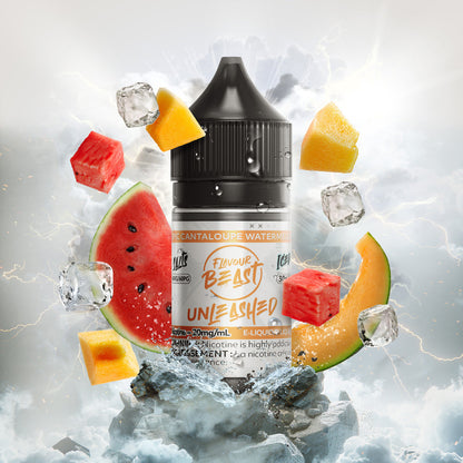 Flavour Beast Unleashed Epic Cantaloupe Watermelon 3mg 30mL displayed against a fresh, tropical melon-themed background, emphasizing its juicy and refreshing profile.