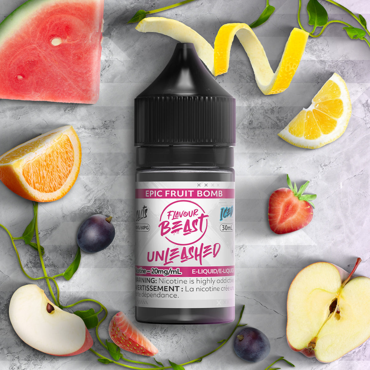 Flavour Beast Unleashed Epic Fruit Bomb 3mg 30mL displayed against a colorful fruit-themed background, emphasizing its explosive fruity flavor profile.