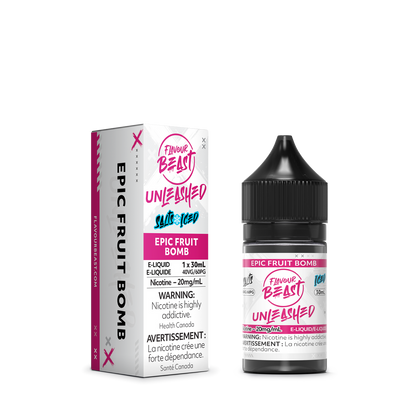 Flavour Beast Unleashed Epic Fruit Bomb with fresh slices of apple, grape clusters, watermelon chunks, strawberries, lemon wedges, and orange slices, highlighting its bold, fruity taste.